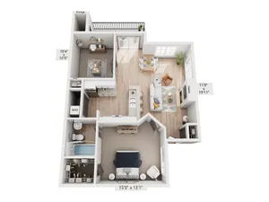 Modern floor plan showcasing a spacious one-bedroom apartment with open-concept living area, dining space, and cozy bedroom. Includes a kitchen, bathroom, storage, and balcony.