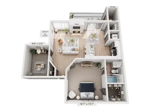 Contemporary 3D floor plan with a spacious bedroom, cozy living room with a fireplace, modern kitchen, dining area, and home office space.
