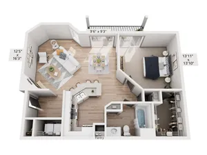 Inviting 3D floor plan showcasing a cozy space with one bedroom, open living and dining area, modern kitchen, and elegant bathroom, emphasizing natural light and stylish design.