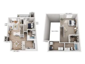 Bright and modern 2-story floor plan featuring 2 bedrooms, vaulted ceilings in living area, elegant kitchen, and cozy fireplace.