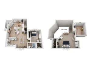 Beautiful multi-level floor plan showcasing 2 bedrooms, open-concept living area, modern kitchen, and bonus storage space.