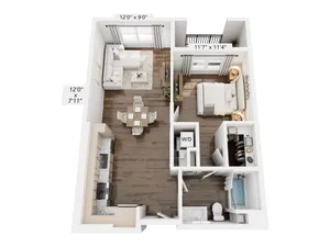 Modern 3D floor plan showcasing a cozy 1-bedroom apartment with a stylish open-concept living room, dining area, and kitchen. Features include a spacious bathroom, walk-in closet, and balcony access.