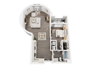 Modern 2D floor plan showcasing 1 bedroom, elegant curved living room, and sleek kitchen layout.