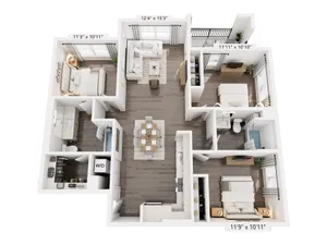 Chic and modern 3D floor plan featuring three spacious bedrooms, elegant living room, and a sleek kitchen area.