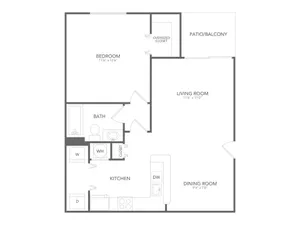 Elegant apartment floor plan featuring 1 bedroom with an oversized closet, spacious living room, well-appointed kitchen, dining area, and inviting patio/balcony.