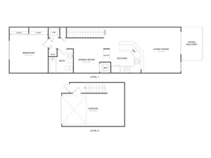 Chic multi-level floor plan with a cozy bedroom, modern kitchen, open living room, dining area, and private patio. Includes an attached garage.