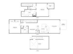 Modern multi-level floor plan with spacious living room, two bedrooms, open kitchen, dining area, and private patio. Includes a convenient garage space.