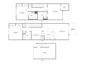Elegant multi-level floor plan showcasing 3 bedrooms, a spacious living room with a patio, a modern kitchen, dining area, and convenient garage space.