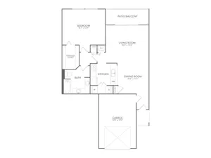 Elegant floor plan featuring a spacious bedroom with oversized closet, modern kitchen, cozy dining room, and inviting living room leading to a patio/balcony. Includes convenient garage access.