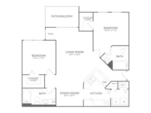 Elegant apartment floor plan showcasing 2 spacious bedrooms, open living room, dining area, modern kitchen, and a cozy patio.