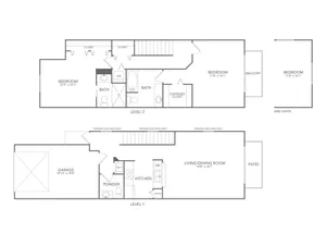 Modern two-level floor plan with three bedrooms, open-concept living/dining area, spacious kitchen, two baths, and a private balcony, featuring a garage and patio.