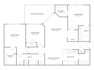 Spacious apartment floor plan featuring three bedrooms, two bathrooms, an open living and dining area, and a modern kitchen with pantry. Includes a patio/balcony for outdoor enjoyment.