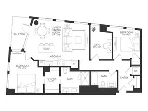 Modern apartment floor plan featuring 2 bedrooms, a den, open living/dining area with balcony, and a stylish kitchen with island.