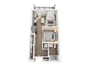 Modern 3D floor plan featuring one bedroom, open living space, sleek kitchen, and bathroom with stylish design.