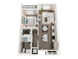 Chic floor plan showcasing a modern 1-bedroom apartment with an open living area, stylish kitchen, and balcony.