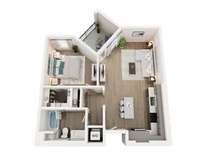 Modern open-concept apartment floor plan featuring a cozy bedroom, spacious living room, and sleek kitchen with island, complemented by a private balcony.