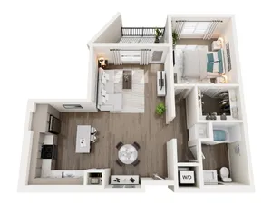 Modern 3D floor plan showcasing a bright one-bedroom apartment with open-concept living area, elegant kitchen, spacious bathroom, and a private balcony.
