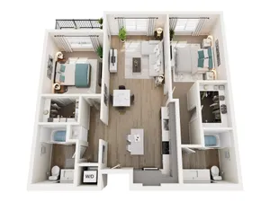 Modern 3D floor plan featuring two spacious bedrooms, an open-concept living and dining area, sleek kitchen, and dual bathrooms, designed for comfort and style.