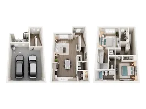 Modern three-story floor plan featuring a two-car garage, open-concept living and dining area, two cozy bedrooms, and a stylish master suite.