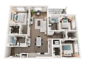Modern 3D floor plan showcasing 3 bedrooms, inviting open living area, and sleek kitchen, ideal for comfortable family living.