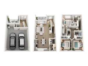 Modern 3D floor plan showcasing a three-story townhouse with a spacious two-car garage, open-concept living and dining area, and three cozy bedrooms.