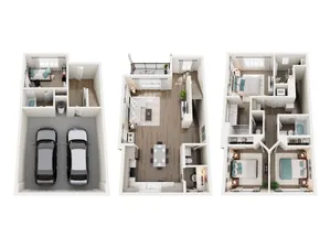 Elegant multi-level floor plan showcasing a double garage, cozy office space, open-concept living and dining area, and three spacious bedrooms.