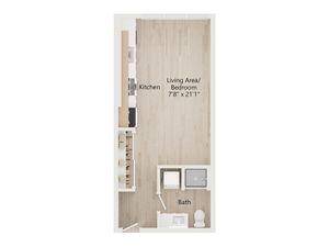 Chic studio floor plan featuring an open living area blending into a modern kitchen and a conveniently placed bathroom.