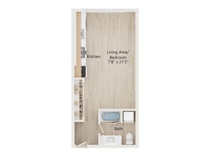 Modern studio apartment floor plan featuring open-concept kitchen and living area, and a stylish bath, measuring 7\'8\" x 21\'5\".
