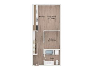 Modern floor plan displaying a cozy apartment with a functional kitchen, spacious living room, comfortable bedroom, and well-appointed bath.