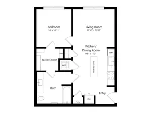 Modern 1-bedroom apartment floor plan featuring a spacious living room, stylish kitchen/dining area with movable island, and generous closet space.