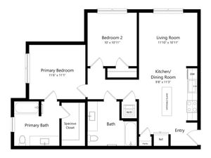 Modern floor plan showcasing a spacious primary bedroom with en-suite bath, additional bedroom, sleek living room, and an open kitchen/dining area with movable island.