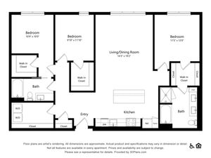 Spacious 3-bedroom apartment floor plan featuring a large living/dining area, modern kitchen, and two stylish bathrooms with walk-in closets.