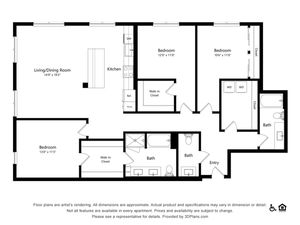 Contemporary 3-bedroom floor plan with spacious living/dining area, modern kitchen, and ample storage including walk-in closets.
