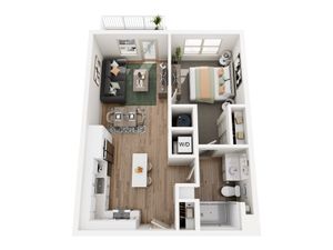 Modern floor plan showcasing 1 bedroom apartment with open-concept living area, sleek kitchen, and cozy balcony.
