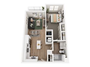 Modern 3D floor plan showcasing a cozy one-bedroom apartment with an open living area, sleek kitchen, and private balcony.