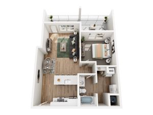 Bright and modern floor plan showcasing a one-bedroom apartment with an open-concept living area, sleek kitchen, and cozy balcony.