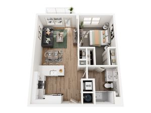 Modern 1-bedroom apartment floor plan showcasing an open-concept living area, sleek kitchen, and private balcony access.