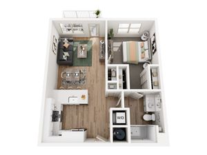 Modern 1-bedroom apartment floor plan with open-concept living room, sleek kitchen, and spacious bathroom. Includes a cozy balcony.
