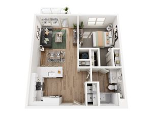 Modern 1-bedroom apartment floor plan with open-concept living room, stylish kitchen, and sleek bathroom. Bright interior with large windows and balcony access.