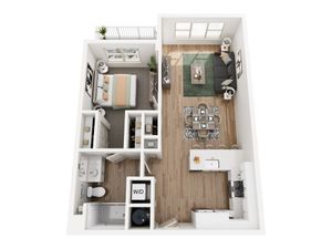 Contemporary 1-bedroom apartment floor plan with open-concept living area, sleek kitchen, and modern bathroom. Cozy and efficient layout with natural light and smart design.