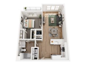 Modern apartment floor plan featuring a spacious bedroom, sleek bathroom, inviting open-plan living and dining area, and contemporary kitchen. Ideal for stylish urban living.