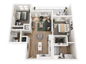 Chic and modern 3D floor plan showcasing 2 bedrooms, elegant living area, and sleek kitchen with island, enhanced by a cozy balcony.