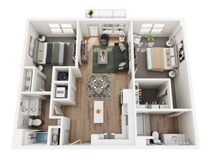 Elegant 3D floor plan showcasing 2 spacious bedrooms, a stylish open-concept living room, modern kitchen with island, and two well-appointed bathrooms.