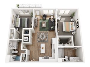 Modern 3D apartment floor plan featuring 2 cozy bedrooms, elegant living area, open kitchen with dine-in space, and two sleek bathrooms, complete with in-unit washer and dryer.