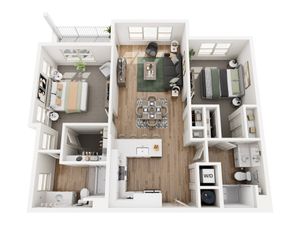 Modern 3D apartment floor plan showcasing two cozy bedrooms, an inviting living area, a sleek kitchen, and two bathrooms with a balcony for a perfect urban retreat.