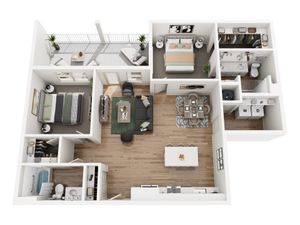 Modern 3D apartment floor plan with 2 bedrooms, open-concept living and dining area, luxurious kitchen, spacious balcony, and elegant bathrooms.