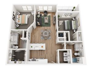 Modern 3D apartment floor plan with 2 bedrooms, open living and dining area, stylish kitchen, and two bathrooms featuring sleek design elements.