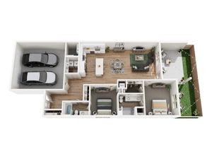 Modern 3D floor plan showcasing a stylish 2-bedroom apartment with an open-concept kitchen and living area, dual-car garage, and a charming patio garden.