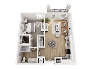 Chic floor plan showcasing a modern open-concept living area, sleek kitchen, cozy bedroom, and a stylish bathroom.