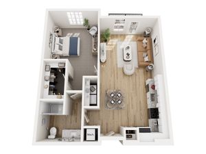 Inviting 1-bedroom apartment floor plan with a spacious open-concept living and dining area, modern kitchen, and walk-in closet.